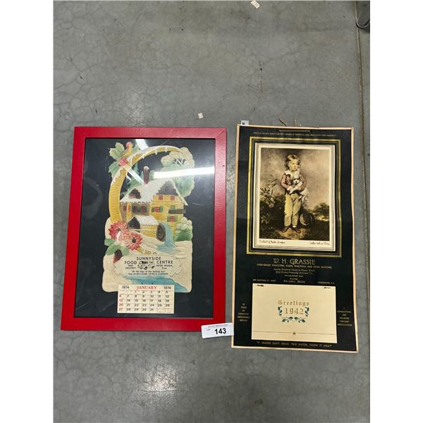 2 vintage calendars, 1974 & 1942