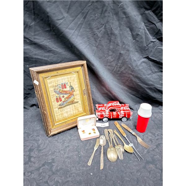Vintage collectable lot inc framed Egyptian picture, folk art Coke car, etc
