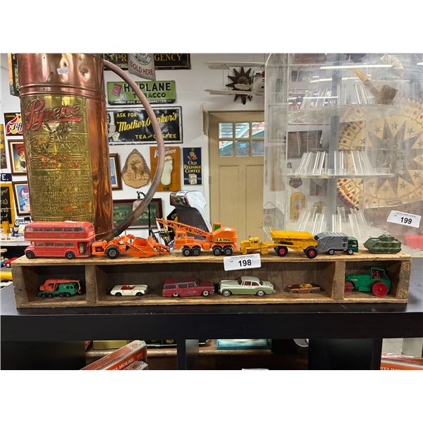 12 vintage die cast vehicles with wooden display shelf