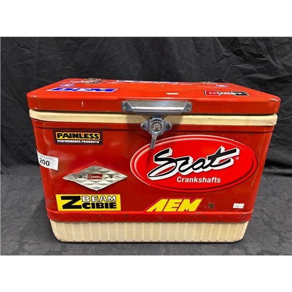 Vintage Coleman cooler with decals 17"x13"x10"