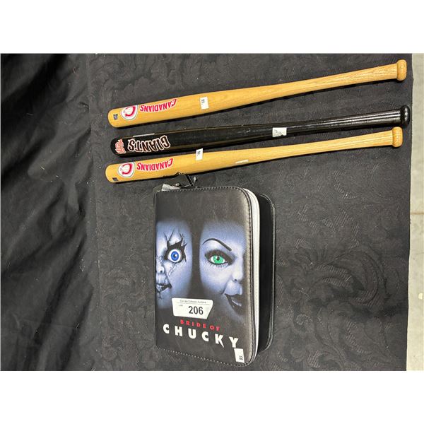 Brand new Bride Of Chucky purse & 3 mini bats, one is signed
