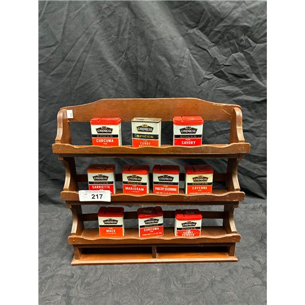 10 vintage spice tins with wooden rack