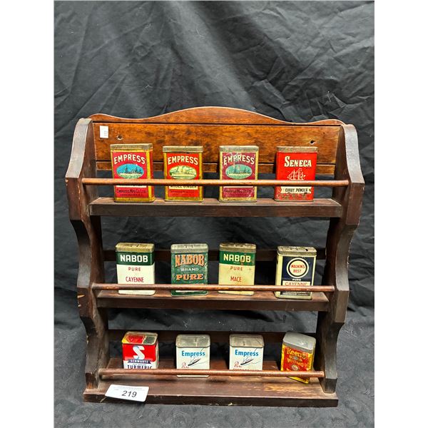 12 vintage spice tins with wooden rack
