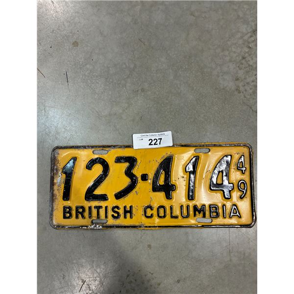 Vintage 1949 BC license plate