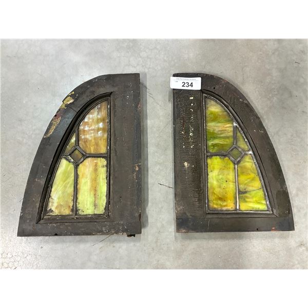 Pair of vintage stained glass framed curved windows 13.5"x9" ea
