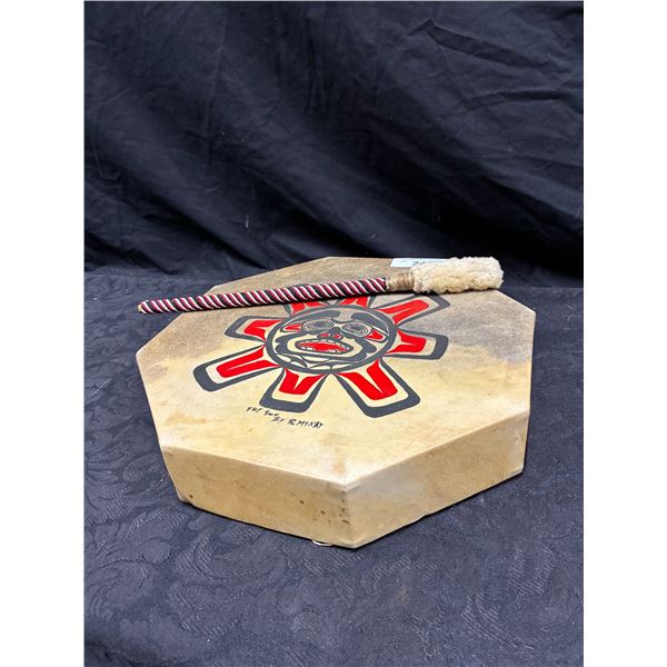 Vintage first Nations drum with beating stick 18"