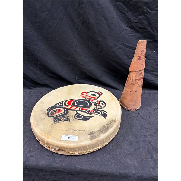 Vintage First Nations drum  with birch bark cone 14.5