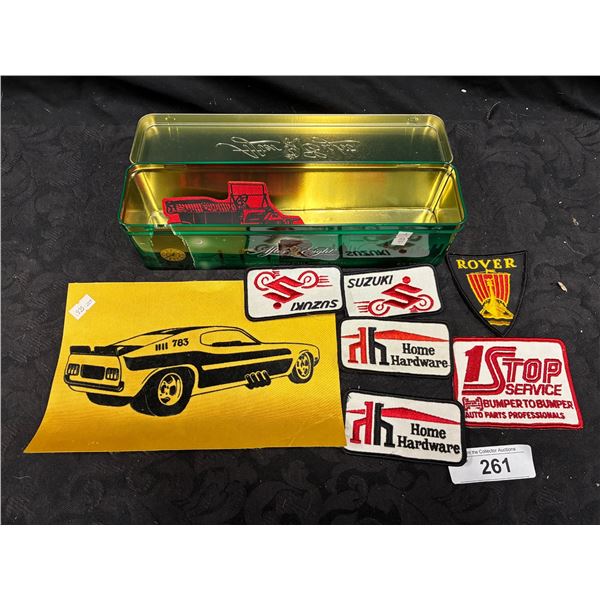 9 vintage assorted patches in tin