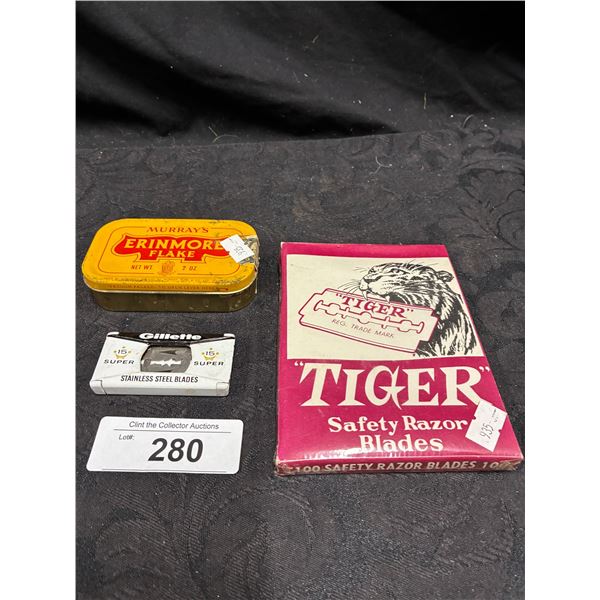 3 piece vintage lot inc NOS razor blades & tobacco tin