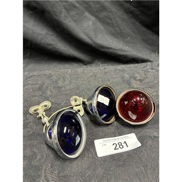 3 vintage glass red and blue car lights