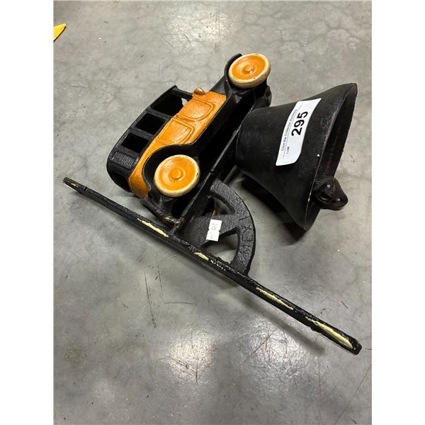 Very cool folk art cast iron car dinner bell, made in Mexico 12"x10"