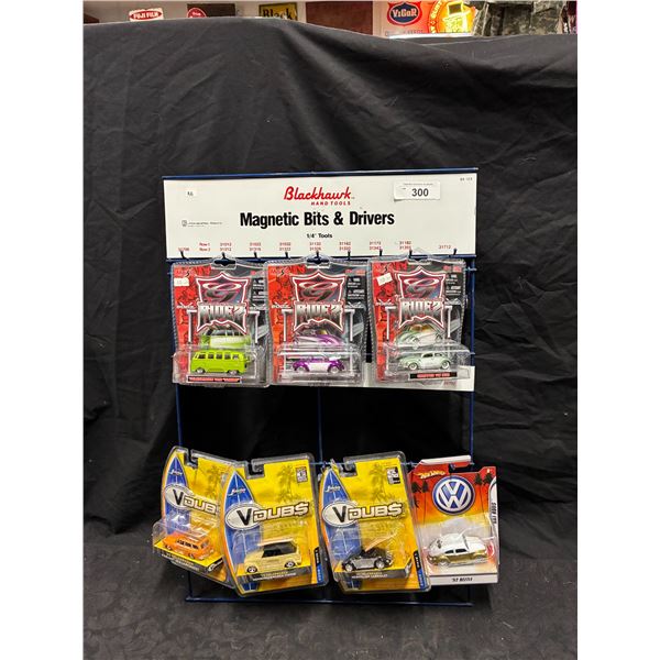 Vintage Blackhawk Tool display rack with 7 NIB die cast cars