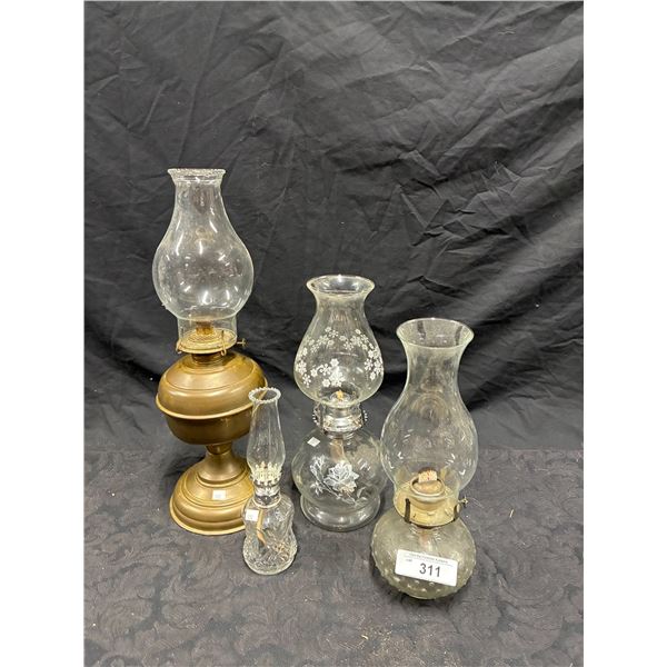 4 antique oil lamps, includes finger lamp