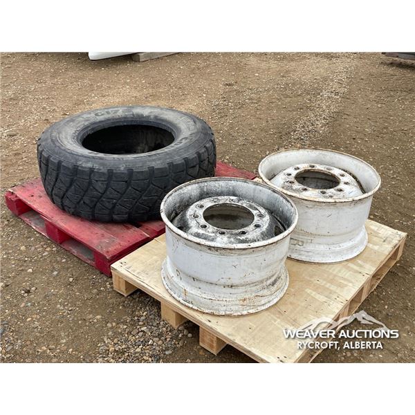 (2) 14 IN. SUPER SINGLE STEEL TRUCK RIMS W/TIRE