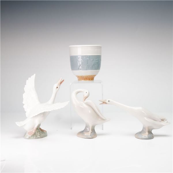 Lladro Porcelain Group of Three Geese and a Privilege Gold Footed Vessel