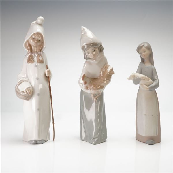 Lladro Set of Three Figurines Girl with Staff Shepherdess with Rooster Girl