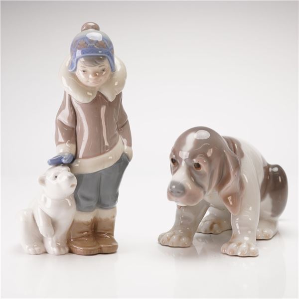 2 Lladro Figurines Eskimo Boy with Pet 1005238 Beagle Puppy Sitting 1001071
