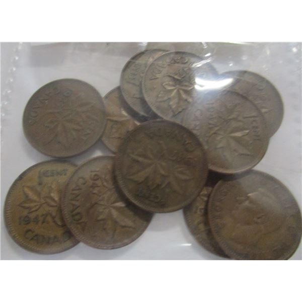 LOT OF 1947 - 5 NO LEAF PENNIES & 5 MAPLE LEAF PENNIES
