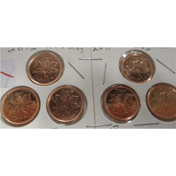 3 - 2012 NON-MAG CANADA PENNIES & 3 - 2011 MAG CANADA PENNIES
