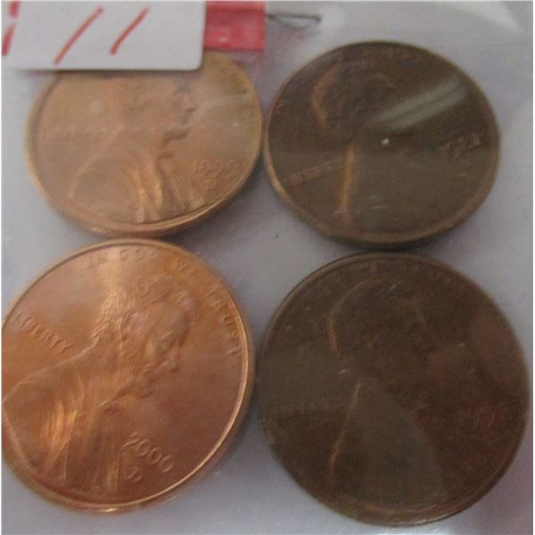 LOT OF 4 - 1981, 1992, 1999 & 2000 AU UNCIRCULATED LAS TOF USA LINCOLN PENNIES