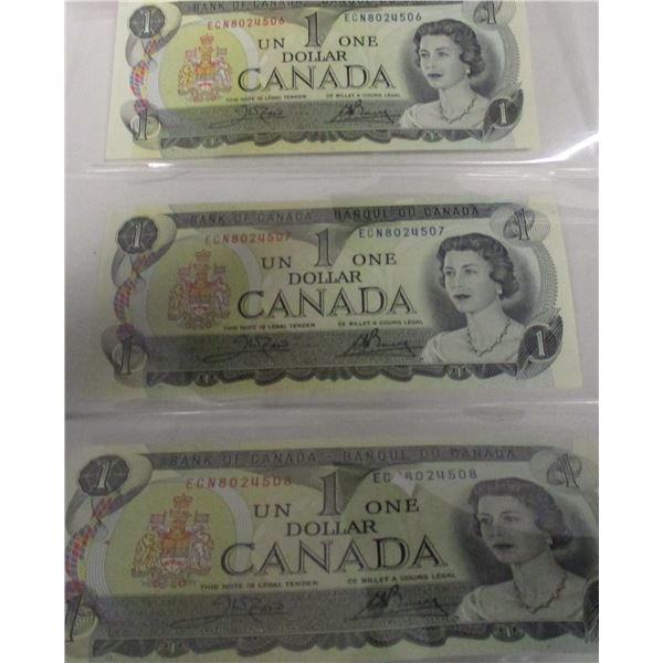 3 - 1973 SEQUENTIAL SERIAL NUMBER LAST OF CANADA $1 BILLS