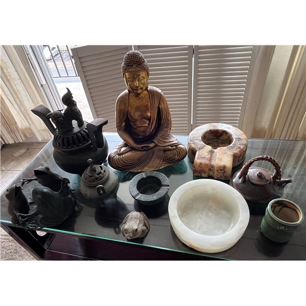 Qty 3 Stone Ashtrays, Seated Buddha, 2 Metal Teapots, 2 Frog Figurines, Incense Burner, etc Misc Siz