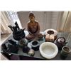 Image 1 : Qty 3 Stone Ashtrays, Seated Buddha, 2 Metal Teapots, 2 Frog Figurines, Incense Burner, etc Misc Siz