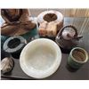 Image 2 : Qty 3 Stone Ashtrays, Seated Buddha, 2 Metal Teapots, 2 Frog Figurines, Incense Burner, etc Misc Siz