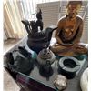 Image 3 : Qty 3 Stone Ashtrays, Seated Buddha, 2 Metal Teapots, 2 Frog Figurines, Incense Burner, etc Misc Siz