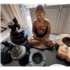 Image 4 : Qty 3 Stone Ashtrays, Seated Buddha, 2 Metal Teapots, 2 Frog Figurines, Incense Burner, etc Misc Siz