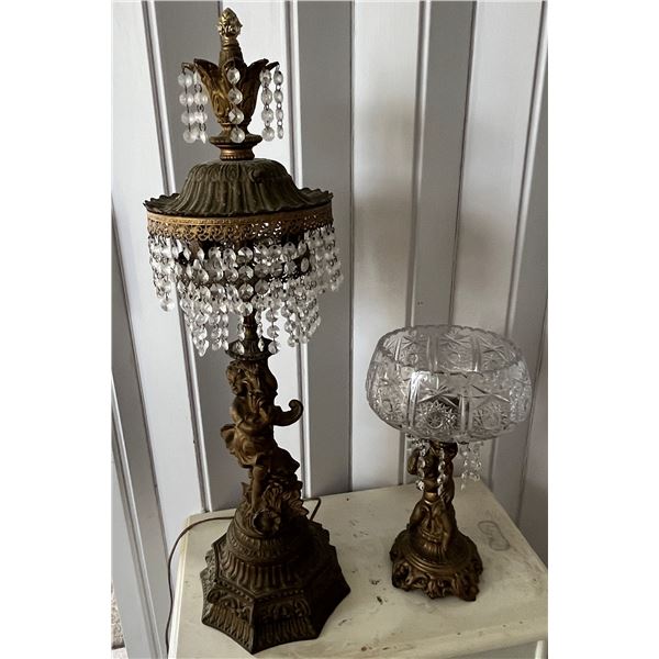 Metal Table Lamp w/ Cherub & Crystals & Cut Glass Bowl on Stand, Misc Sizes  (doesn't power on - may