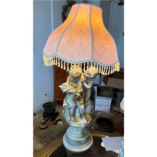 Large Table Lamp w/ 2 Cherub Angels & Shade w/ Crystal Fringe 10" Dia, 40"H (may be missing crystals