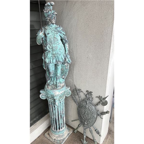 Large Warrior Statue w/ Patina on Stand & Metal Shield Wall Hanging, Misc Sizes (heavy)
