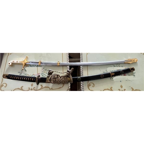 Qty 2 Metal Swords w/ Scabbards: Katana Style & U.S. Marines 42"-44"L