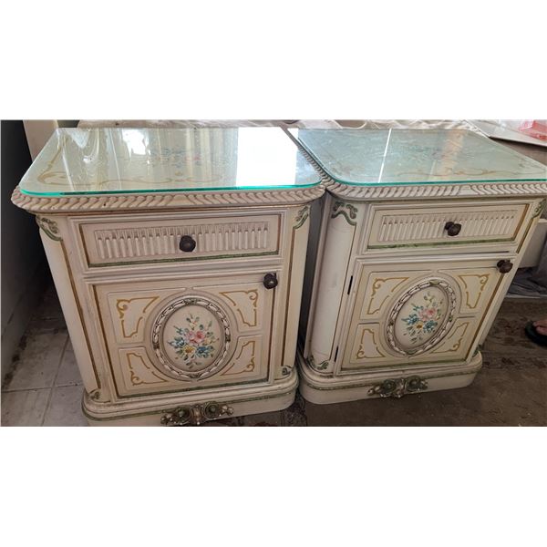 Qty 2 Nightstands w/ Floral Design, Drawer, Cabinet & Glass Top 22" x 16" X 25"H
