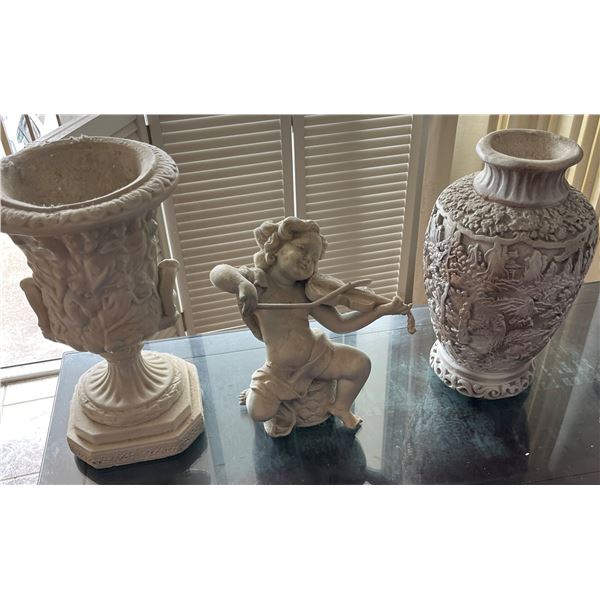 Qty 2 White Ceramic Vases & 1 Cherub Playing Violin (finger broken) Misc Sizes