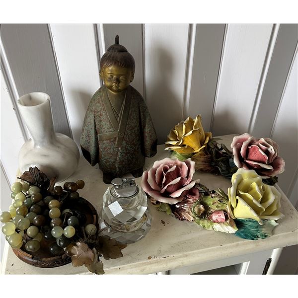 Qty 2 Capodimonte Porcelain Flowers w/ COA, Stone Vase, Glass Lighter, Metal Statue, Grapes, etc