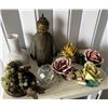 Image 1 : Qty 2 Capodimonte Porcelain Flowers w/ COA, Stone Vase, Glass Lighter, Metal Statue, Grapes, etc