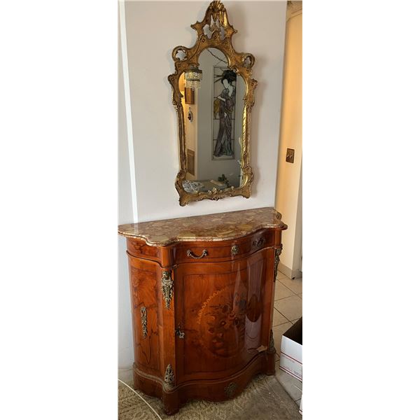 Curved Wooden Sideboard Table w/ Stone Top & Inside Shelves 39" x 15" x 40"H (door broken) & Wall Mi