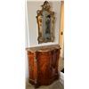 Image 1 : Curved Wooden Sideboard Table w/ Stone Top & Inside Shelves 39" x 15" x 40"H (door broken) & Wall Mi