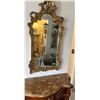 Image 7 : Curved Wooden Sideboard Table w/ Stone Top & Inside Shelves 39" x 15" x 40"H (door broken) & Wall Mi