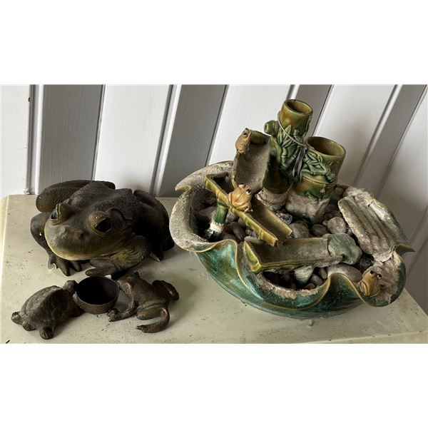 Ceramic Frog Fountain w/ 2 Frog Figurines, Misc Sizes (one chipped)
