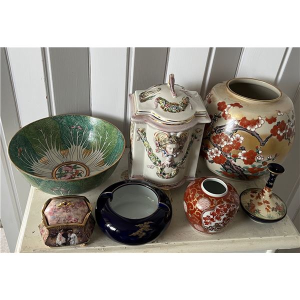Multiple Asian Pottery: Jars, Vases, Ashtray, Bowl, Capodimonte Cache Pot, Shared Memories Music Box