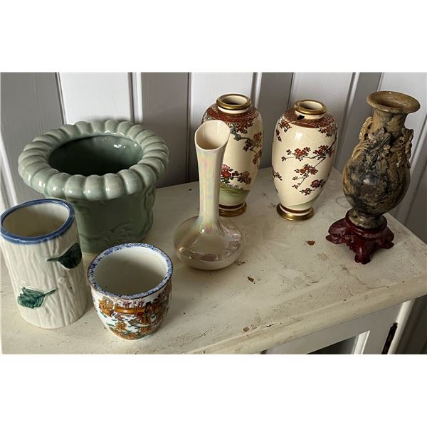 Qty 7 Ceramic Vases & Jars (one chipped) w/ Some Maker's Marks, Misc Sizes