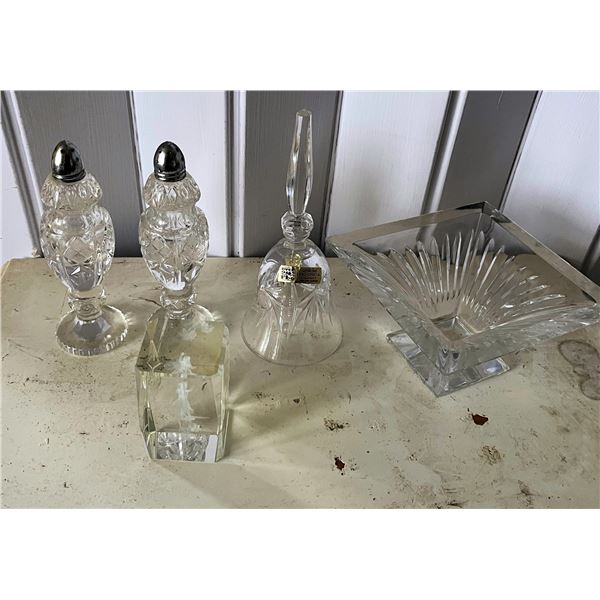 Qty 5 Crystal & Glass Decor: Salt & Pepper Shakers, Square Vase, Bell, Hologram, Misc Sizes