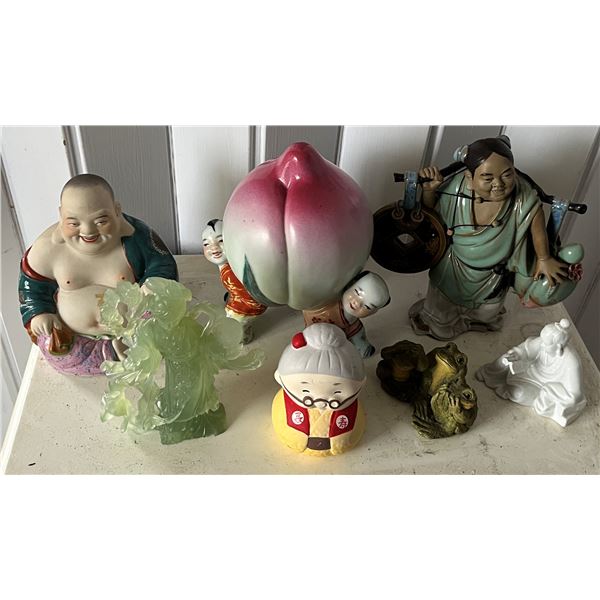 Qty 7 Figurines: Boys Holding Peach, Buddha, Man w/ Yoke, Frogs, etc Misc Sizes