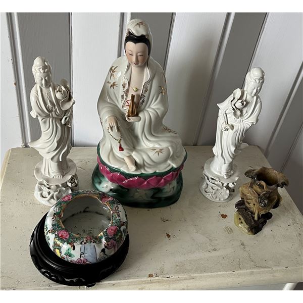 Qty 3 Guanyin Statues, Chinese Famille Rose Ashtray & Candle Holder, Misc Sizes