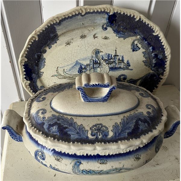Large Soup Tureen w/ Lid Marked Maidliche Italy & Matching Platter 14" x 10"H
