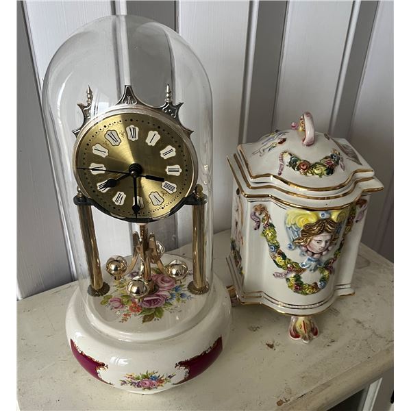 Capodimonte Cache Pot w/ Lid & Porcelain 2-Piece Anniversary Clock (untested) , Misc Sizes