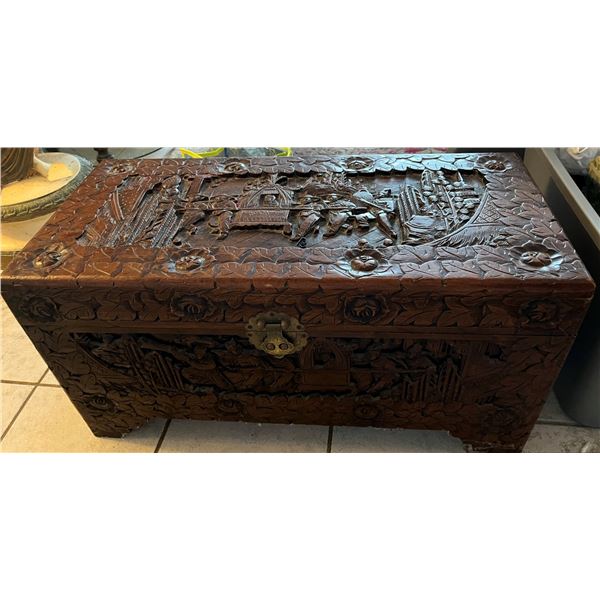Carved Wooden Chest w/ Hinge 30" x 14.5" x 15"H